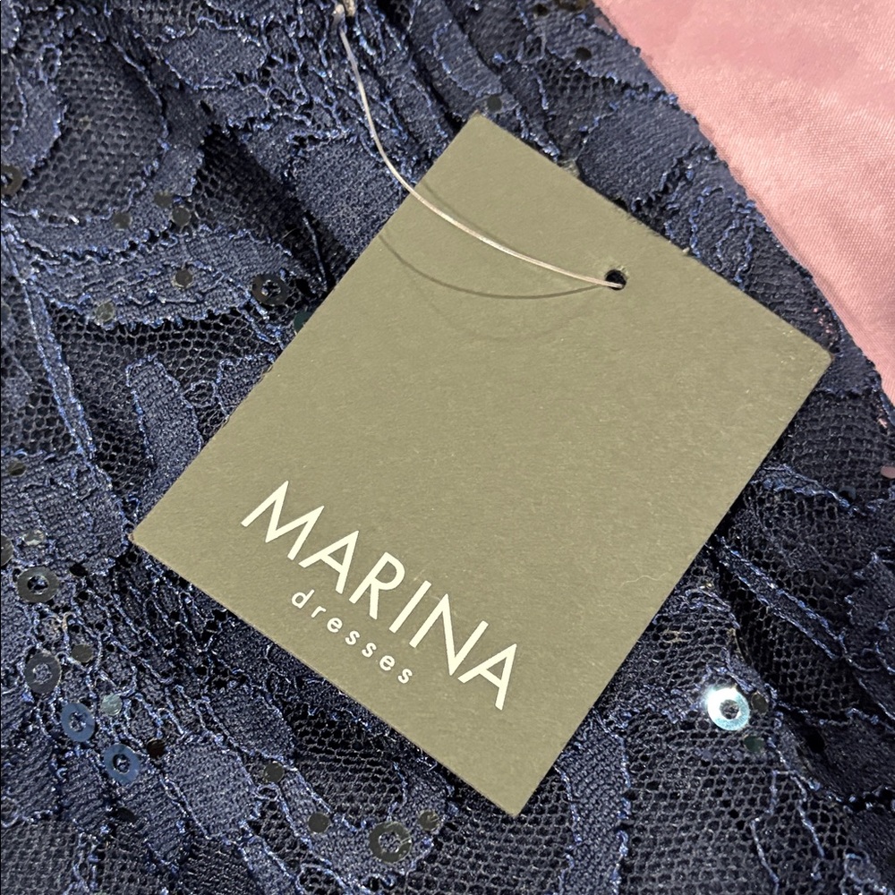 MARINA NWT Elegant Navy Long Sleeve Lace Dress - Picture 11 of 11